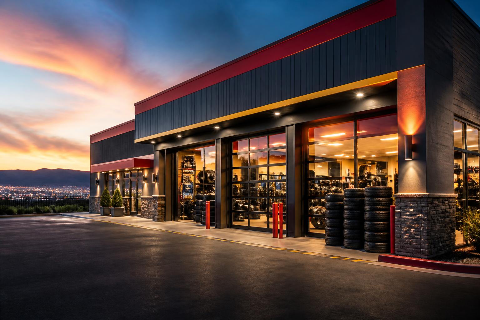Los Compadres Tires shop in Las Vegas at dusk