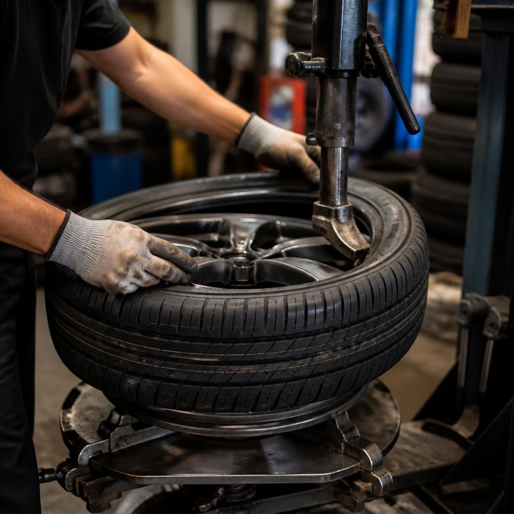 Mechanic mounting a tire on a wheel using professional tire equipment